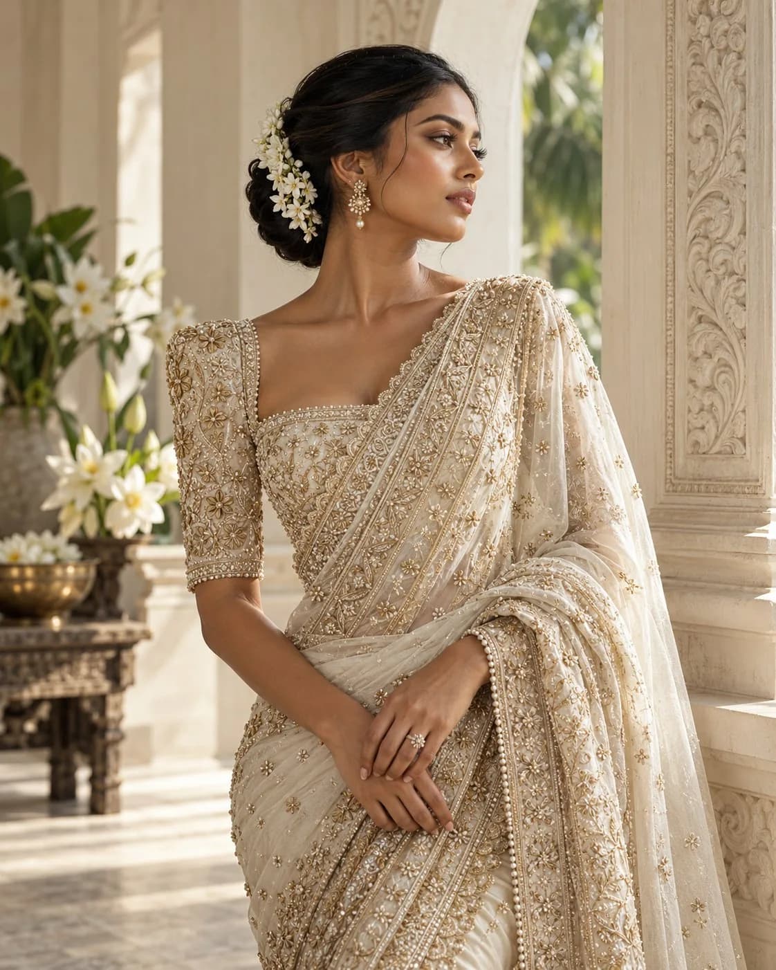 A bride in an ivory saree with pearl and gold beadwork, jasmine flowers in her hair