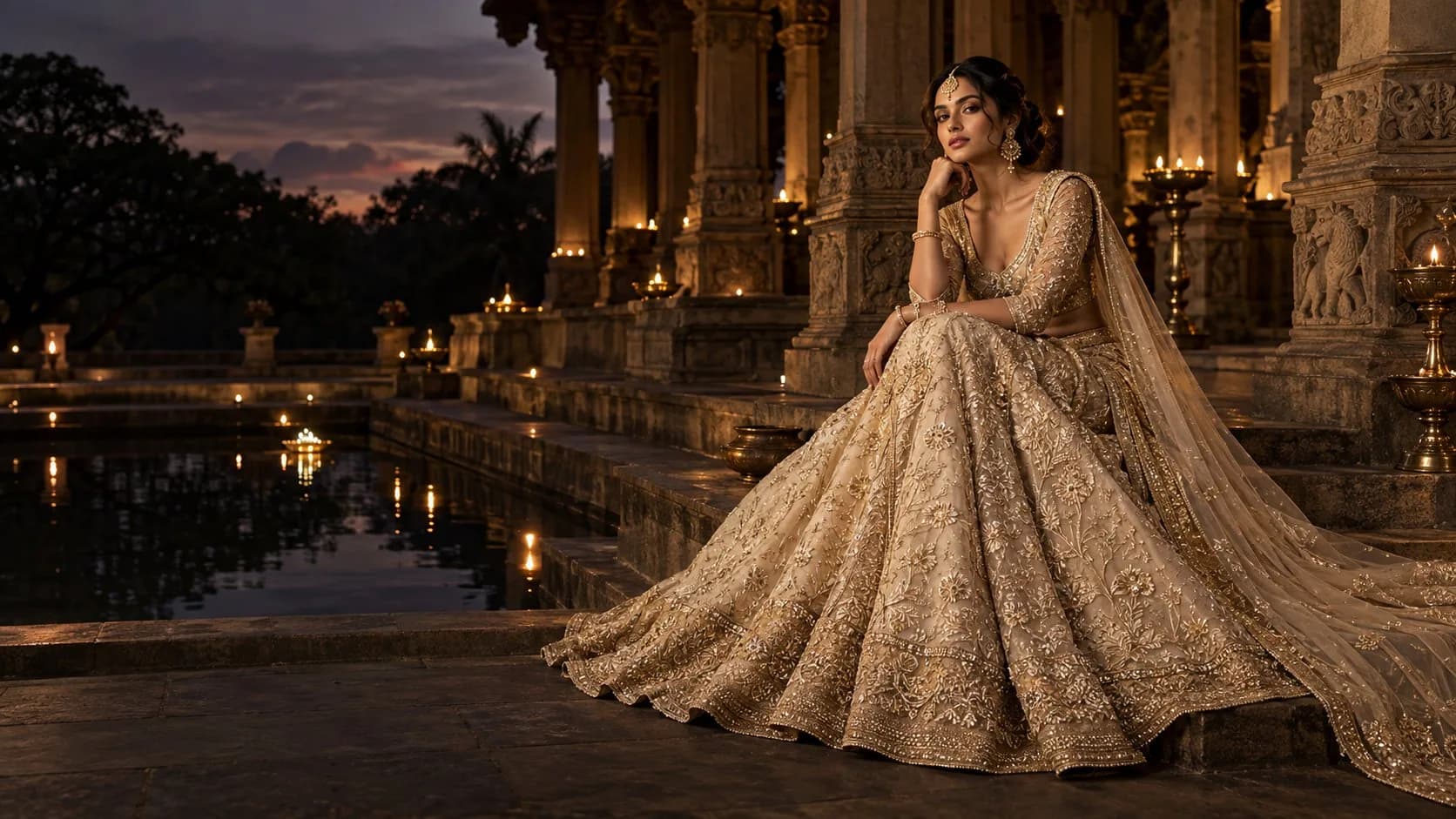 A bride in a gold hand-embroidered lehenga seated on temple steps lit by oil lamps at dusk
